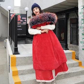 

Chic Women Long Fur Lining Hooded Bakery Oversize Winter Down Coat Thick Warm Cotton Padded Jacket Wadded Parkas Big Pocket
