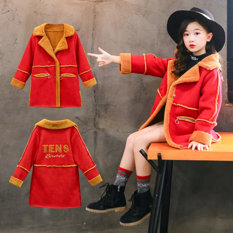 

4-14 Year Big Girl Fleece Coat 2019 3 Colors Deerskin Sheep Sheared Warm Overcoat For Children Winter Clothes Outerwear Jackets