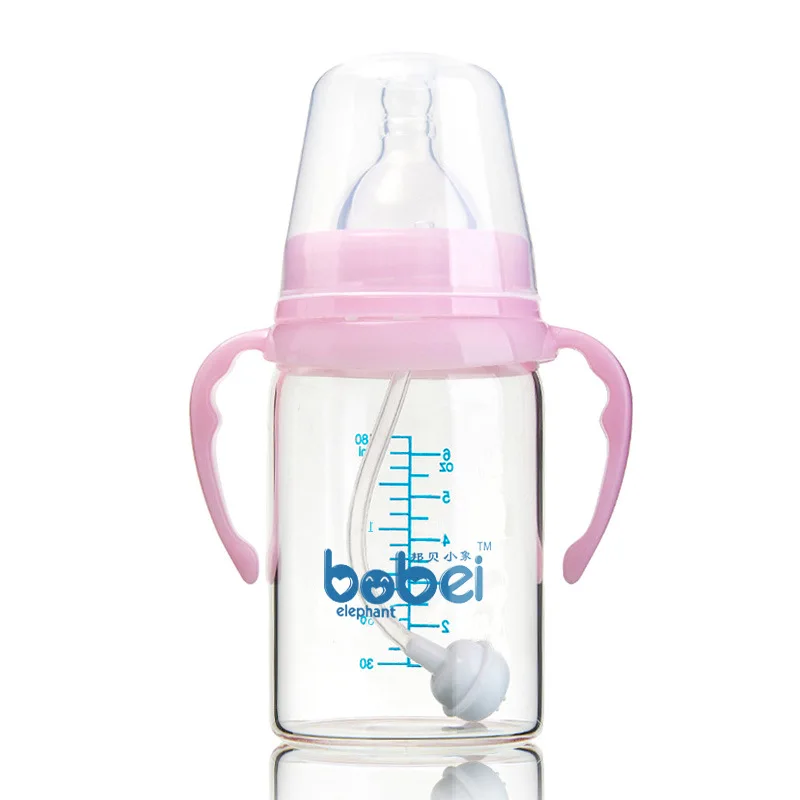 

Wide Mouth Shift 180ml Crystal Diamond Glass Feeding Bottles with Handle Straw Maternal And Infant