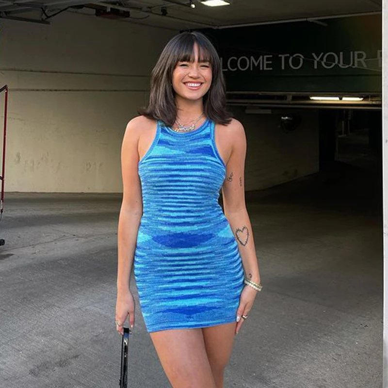 Knit Dress Summer Sleeveless Women Party Mini Dress Muti Chic Elastic Fashion Streetwear Bodycon Slim Dresses Holiday New