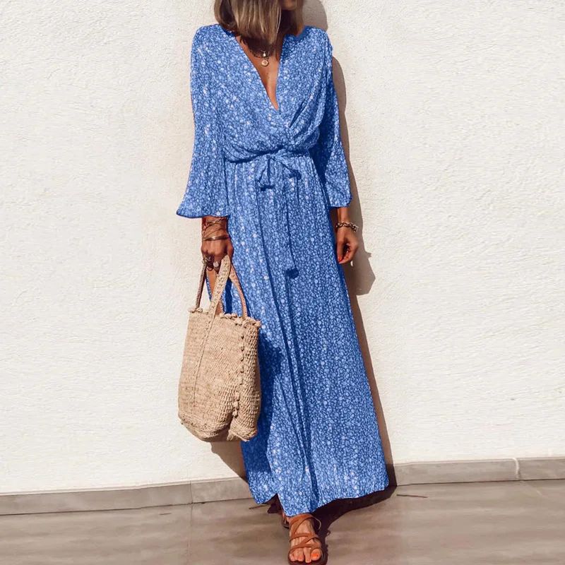 

Litthing Women Casual V-neck Floral Print Long Dress Summer Autumn Long Sleeve Maxi Boho Dress Elegant Sashes Party Dress S-5XL
