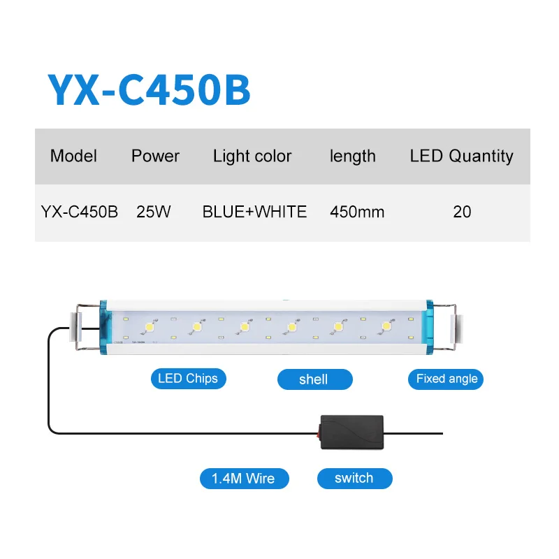 Супер яркое освещение для аквариума, освещение для выращивания растений, светодиодное освещение для аквариума 21-70 см, расширяемая лампа с зажимом для аквариума - Цвет: YX-C450B