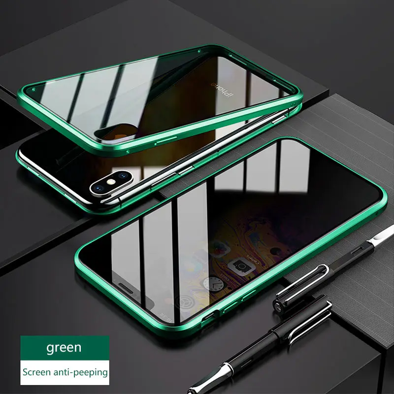 Зеленый Анти-открытый экран прозрачные стеклянные чехлы для iphone 8 Plus 11 pro металлическая рамка 360 полный защитный чехол для iphone X XS MAX XR - Цвет: Зеленый