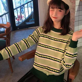 

2020 New Arrival Avocado Green Heart Striped Women Sweater Sweet Round Neck Bottom Shirt Loose Casual Long Sleeve Sweaters