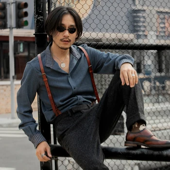 

mens shirts Original design stand collar long sleeve shirt Retro style stitching business casual top Non-iron suit shirt