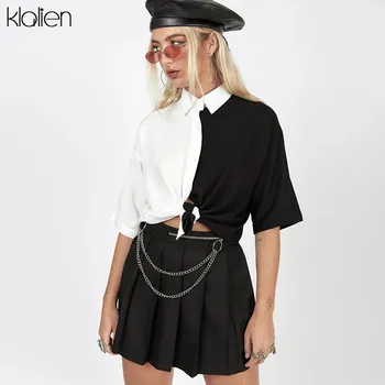 

KLALIEN black white patchwork T shirt women short sleeves tee casual simple fashion college young hip hop street style 2020 new