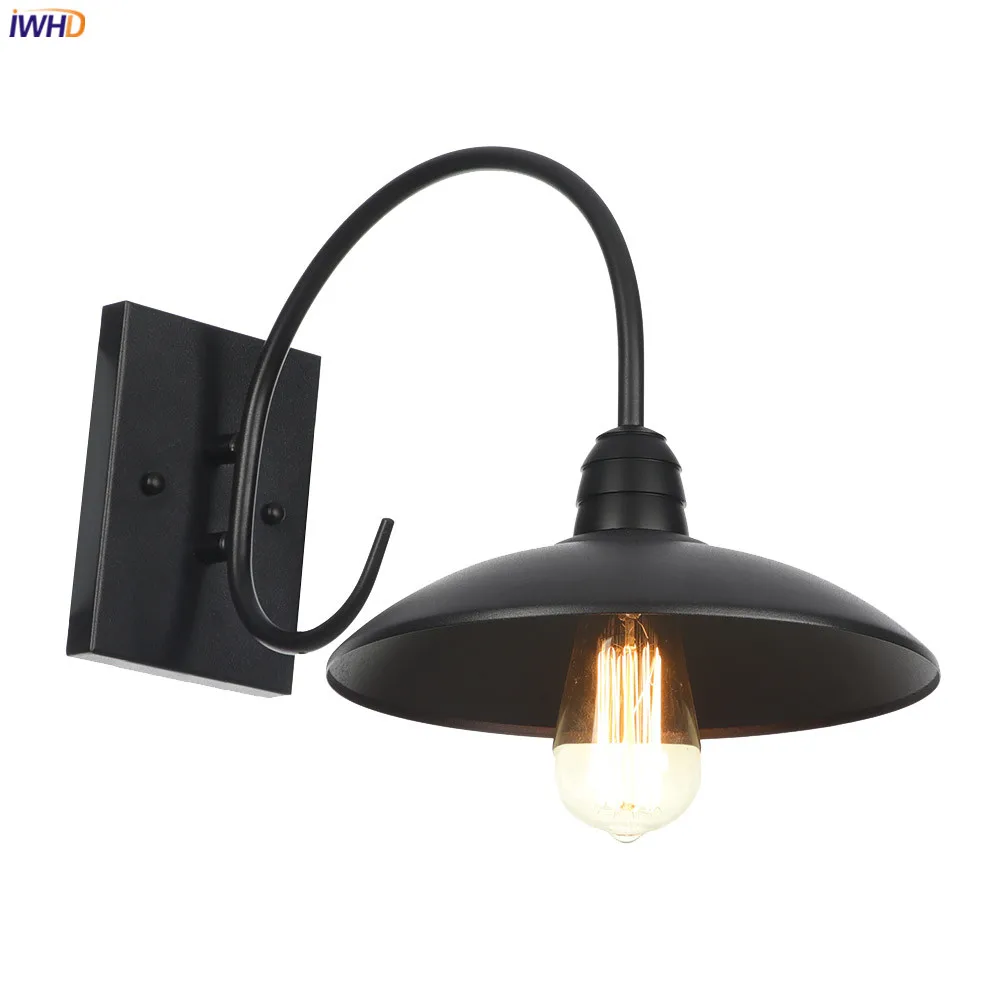IWHD American Country Retro LED Wall Lights For Home Lighting Black Metal Bathroom Mirror Stair Light Glass Vintage Wall Lamp