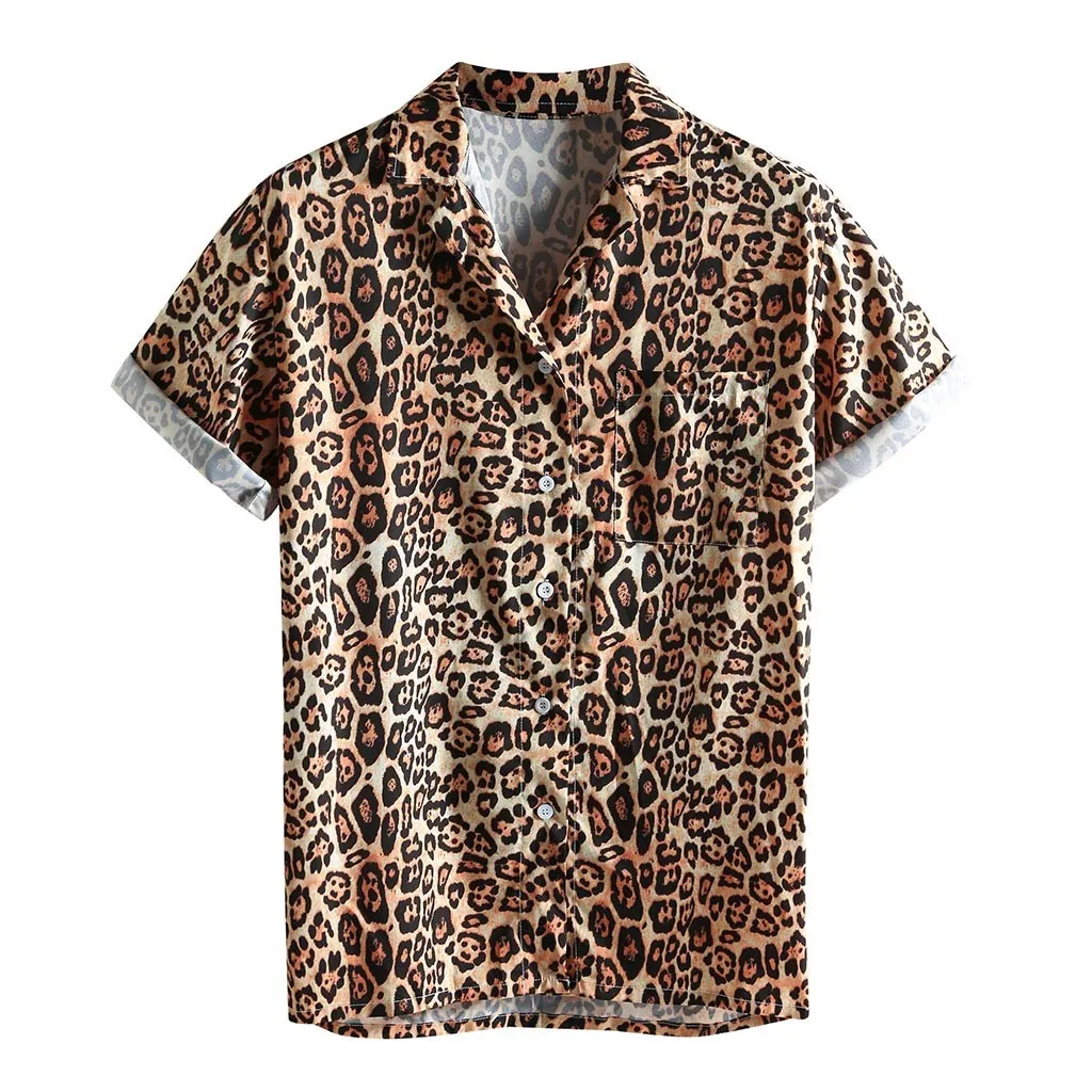 Chemise Homme, мужская хлопковая льняная рубашка с отложным воротником, леопардовая мода, короткий рукав, Свободная Повседневная рубашка, Мужская блузка