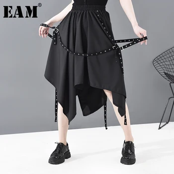 

[EAM] High Elastic Waist Black Ribbon Asymmetrical Hemline Half-body Skirt Women Fashion Tide New Spring Autumn 2020 1T947