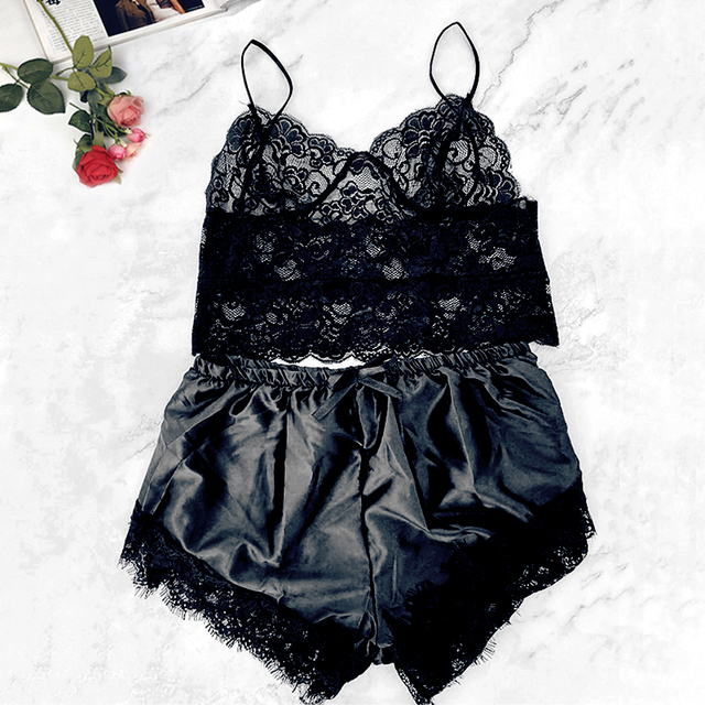 Lingerie Set Women Lace Trim Cami Tops Satin Bow Sleepwear Transparent Bra Set Sleeveless Deep V Hot Erotic Underwear Set