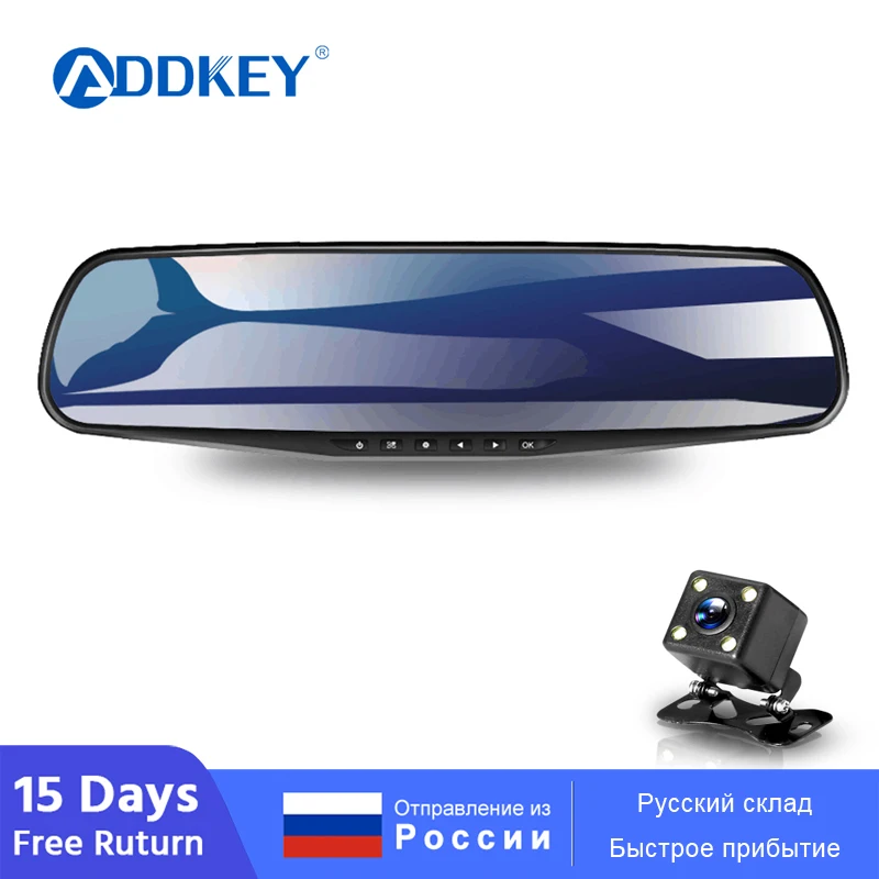 Gravador de Vídeo Addkey Auto Polegada Espelho Retrovisor Traço Cam Digital Lente Dupla Registratory Filmadora Fhd 1080 p Carro Dvr Câmera 4.3