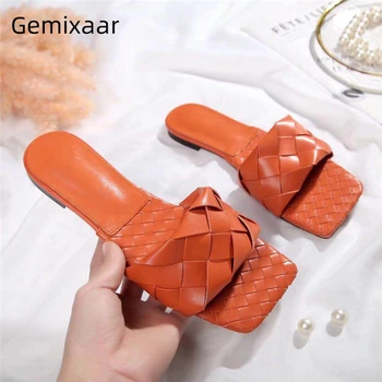 

Chic 2020 Summer Big Plaited Flat Slip-on Mules Square Open Toe Genuine Leather Knitted Outwear Shoes Runway Slippers Women