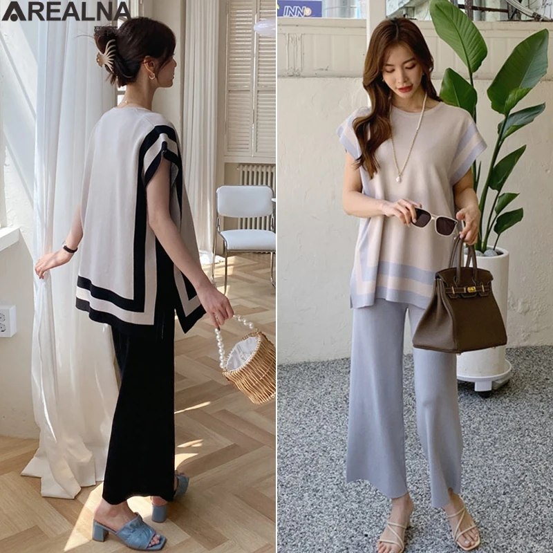 Knit Set for Women Ice Silk Sleeveless Shirt Tops +Wide Leg Fluid Pants Set Woman 2 Pieces Oversize Elegant Outfits Knitted Suit