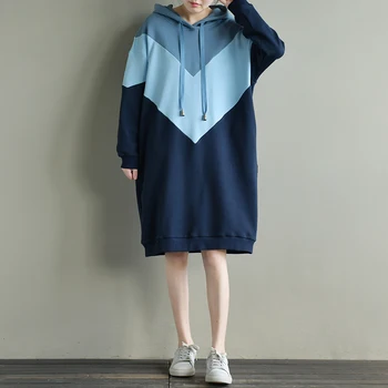

SeeBeautiful New Fashion 2020 Summer Autumn Simple Contrast Color Hooded Pulling Rope Long Sleeve Loose Dress Women Tide N750