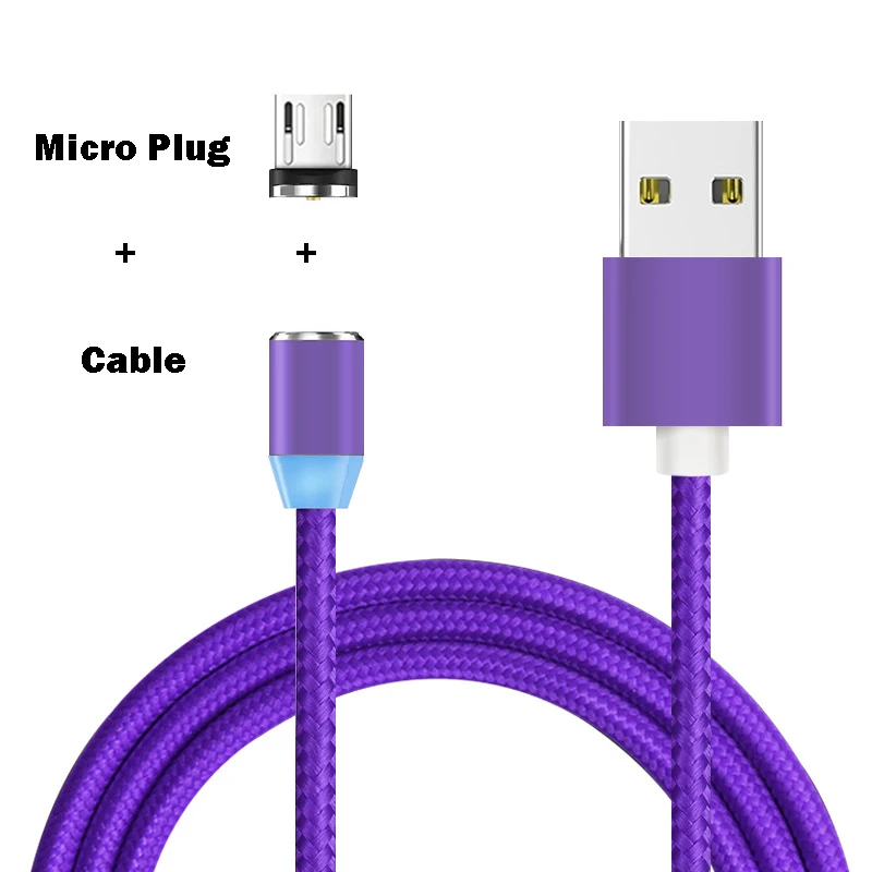 Магнитный Micro USB кабель для быстрой зарядки, 3 А, для iPhone, samsung, кабель для передачи данных, магнитный кабель для зарядки, usb type-C, кабель для мобильного телефона - Цвет: Purple for Micro