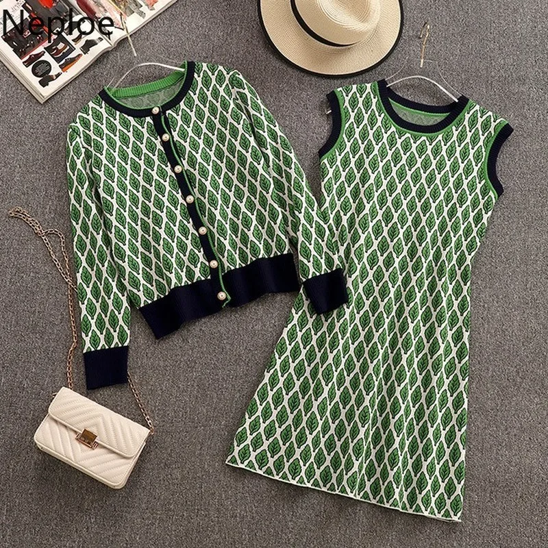 

Neploe Autumn Winter Elegant Women Sets Sleeveless Camis Mid Long Dress+ Short Cardigans Knit Print Elegant Chandal Mujer 46430