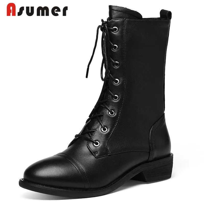 

ASUMER Plus size 34-43 New women boots lace up round toe low heel black solid color basic boots dress ladies ankle boots