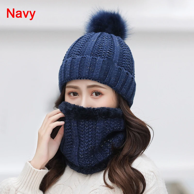 navy blue Женский зимний шарф и вязаная шапка(комплект) вязаные шапки - Цвет: navy blue