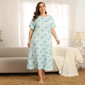 

Wipalo Plus Size Summer Women Nightgown New Cartoon Bear Print Sleepwear O-Neck Short Sleeve Casual Loose Soft Ruffle Nightshirt