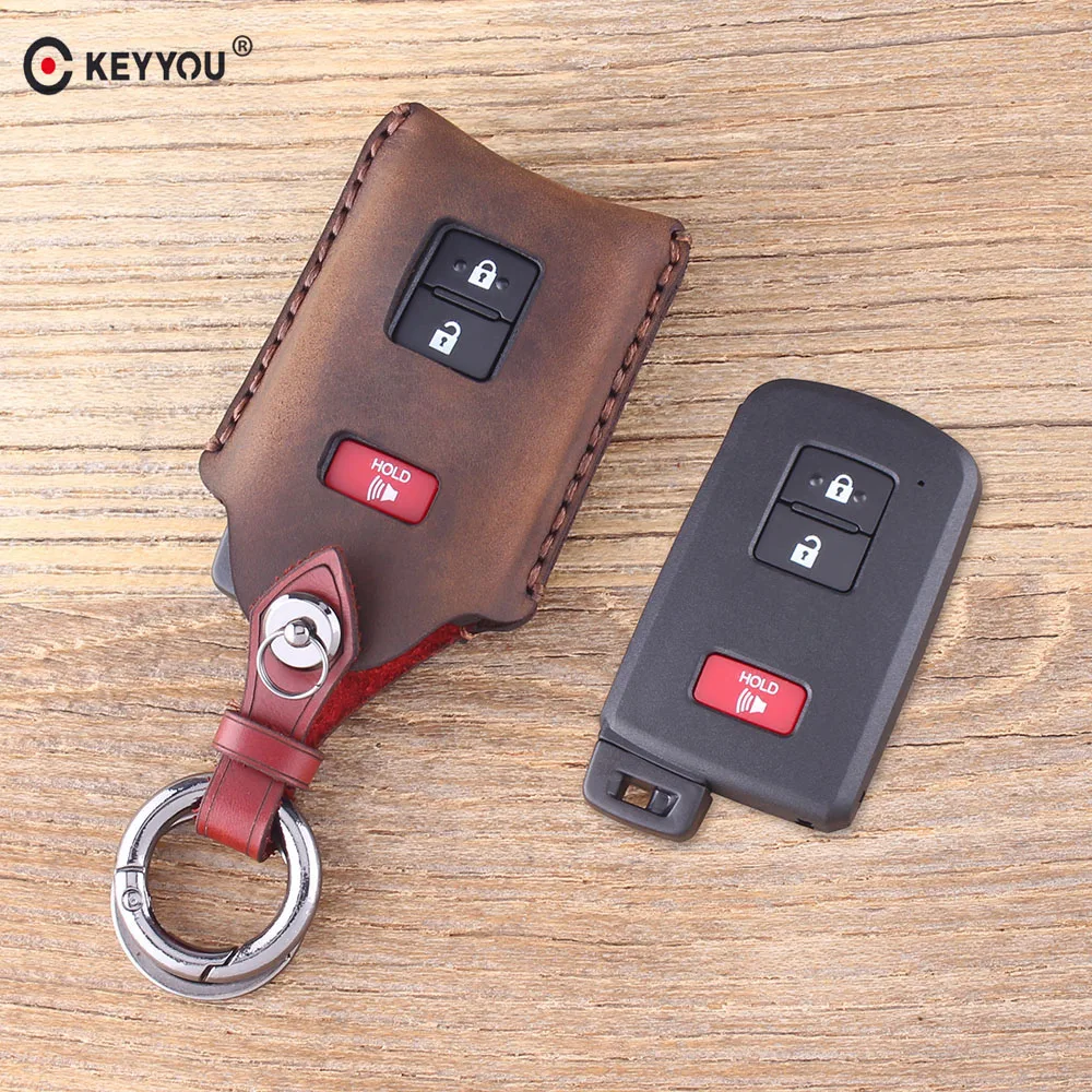 

KEYYOU Genuine Leather For Toyota Avalon Camry RAV4 3 Buttons Remote Key Shell Keychain Protector Car Key Case Key Cover