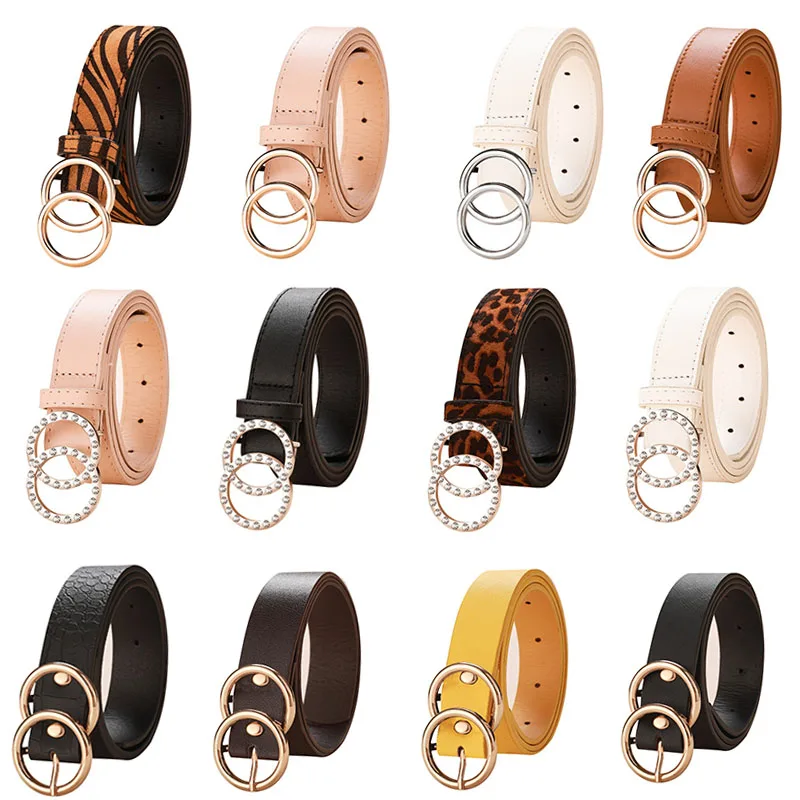 

New Double Circle Buckle Women Belts Luxury Brand PU Leather Leopard Gold Pin Buckle For Trousers Jeans Ladies Female Waistband