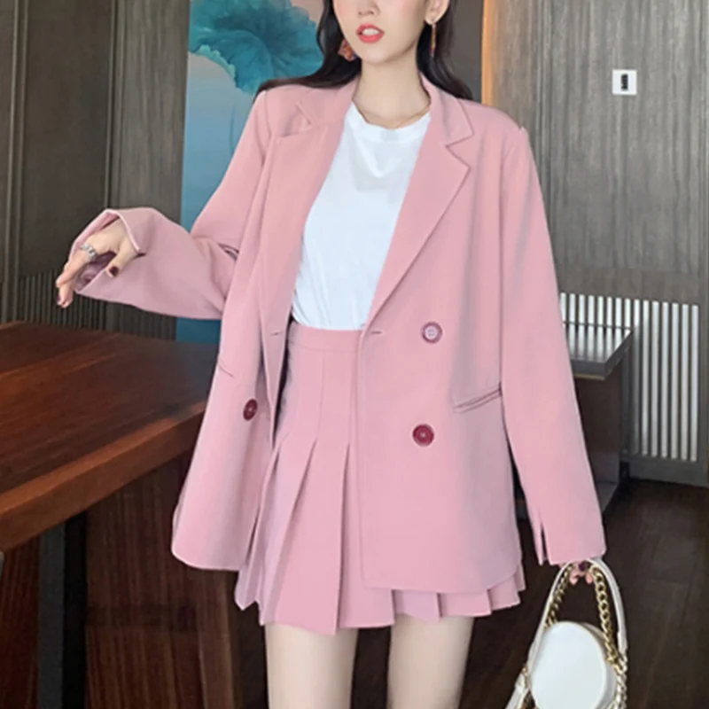 

2020 Autumn Blazers Set Women Two Piece Set Korean Blazers Suit+Pleated Skirts Mini New Fashion Office Lady Female Clothing