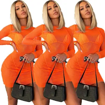 

Sexy Womens Solid Color Dress Mesh Sheer See Through Long Sleeve Bodycon Club Mini Short Dress HOT