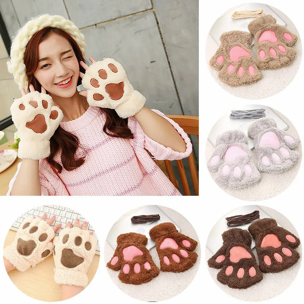 New Women Bear Cat Claw Paw Mitten Plush Glove Costume Warm Winter Half Finger Gloves