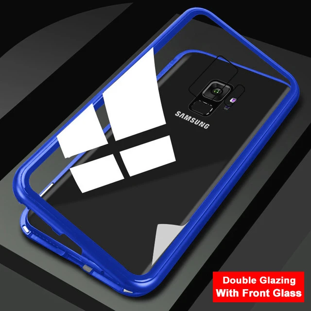 Металлический чехол с магнитной адсорбцией для samsung Galaxy S8 S9 S10 Plus A50 A30 A10s A70 Note 10 8 9 Двусторонняя крышка из закаленного стекла - Цвет: Blue