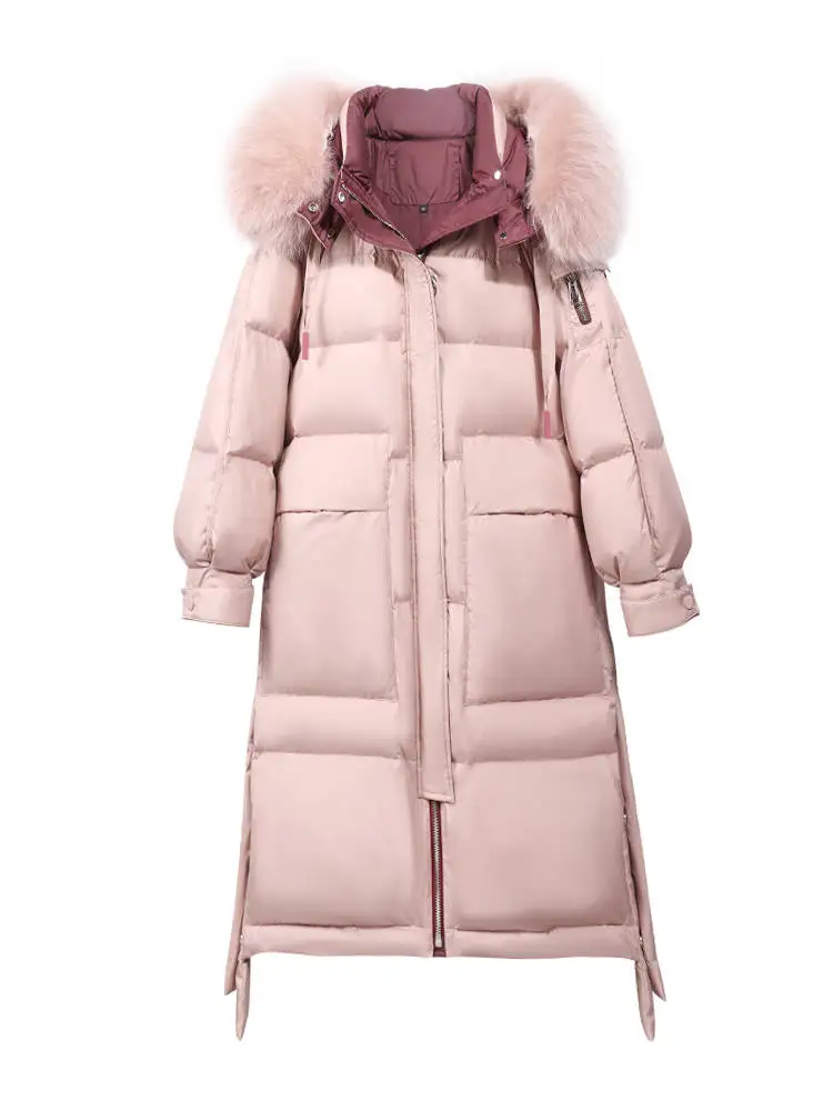 Bella Philosophy Wonder NEW Winter Real Raccoon Fur Hooded White Duck Down Coat pink Solid Thick Warm Loose Female Parkas