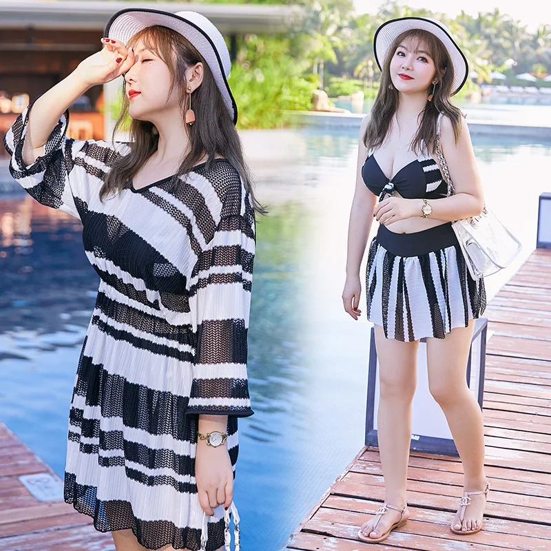 

Two-piece Swimsuits Women's Three-piece Set Large Size Stripes Bikini South Korea Graceful Small Bust Gathering-Slimming Hot Spr