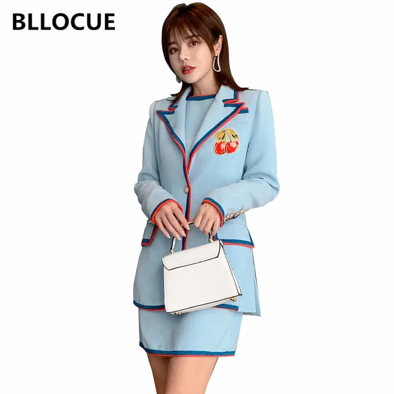 

BLLOCUE Autumn Luxury Women's Set 2 Piece Elegant Blue Contrast Color Ribbon Blazer Top + Vest Mini Dresses Suits For Business