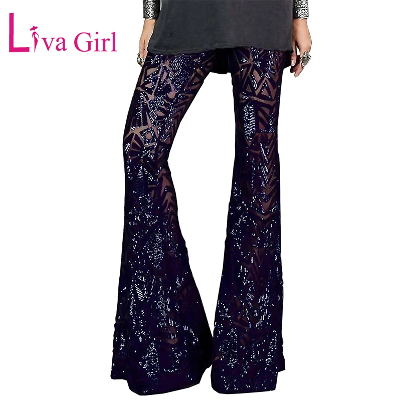 Брюки клеш Женские эластичные с блестками и высокой талией