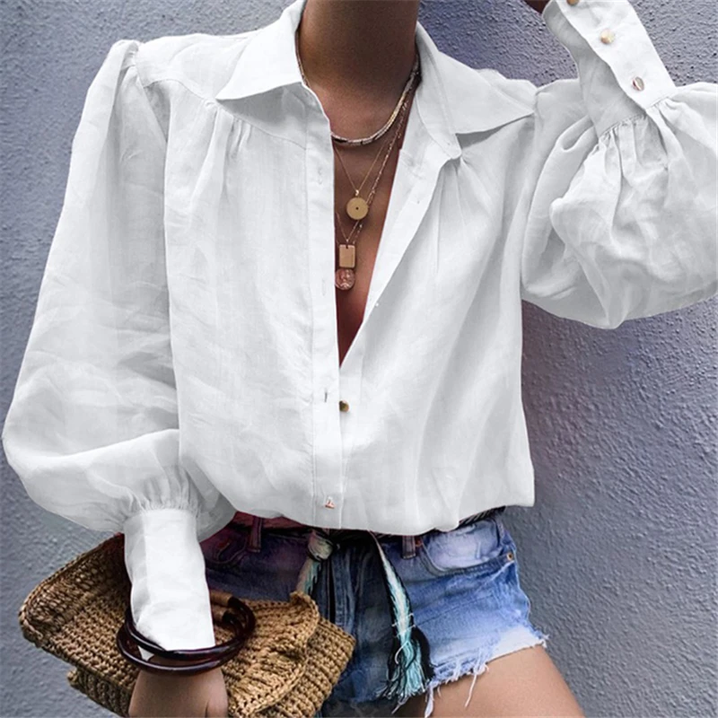 

Women Fashion White Casual Lantern Long Sleeve Blouse Lapel Shirt blouse shirt women Turn-down Collar Regular blusas autumn tops