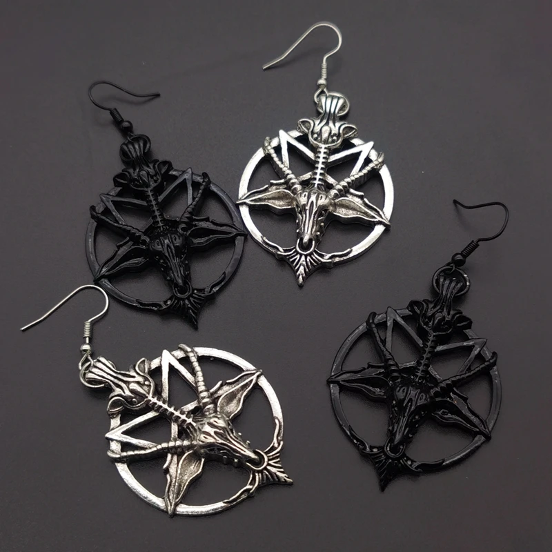 New Fashion Glamour Retro Women's Pentagram Pan God Skull Goat Head Pendant Earrings Black Silver Color Gothic Witch Jewelry