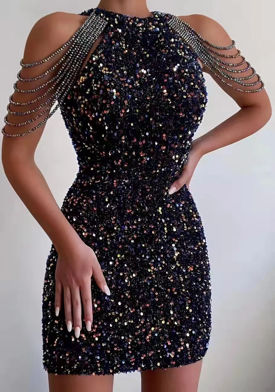 YIDINGZS Off Shoulder Gold Sequin Dress Short Party Bodycon Dress Women Sexy Evening Dress 18607