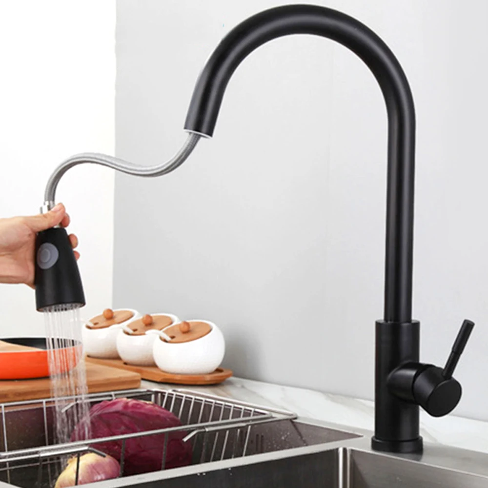 

Kitchen Faucet 360 Degree Rotatable Spout Sink Basin Spring Pull Down Black Faucet Spray Adjustable Hot & Cold Water Mixer Tap
