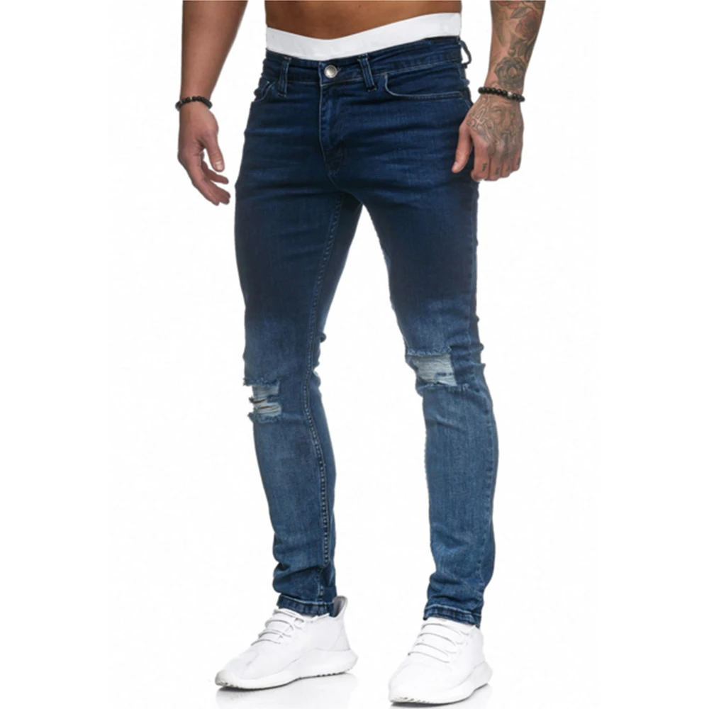 

High Quality Jeans Men's Gradient Hole Denim Pencil Pants 2019 New Men Skinny Jeans Washed Ripped Black Stretch Trousers D25