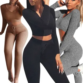 

Fashion Women Fall 2PCS V Neck Solid Color Long Sleeve Crop Top Knit Casual Pants Set Club Skinny Jumpsuit Outfits Stylish New