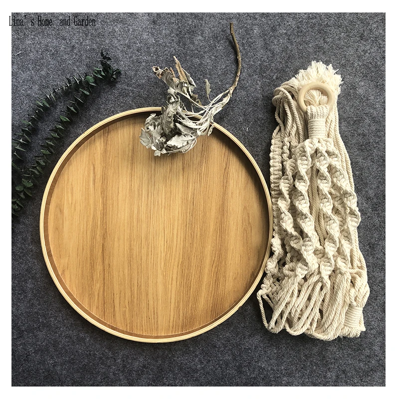 hand woven rope wood hanging plant shelf