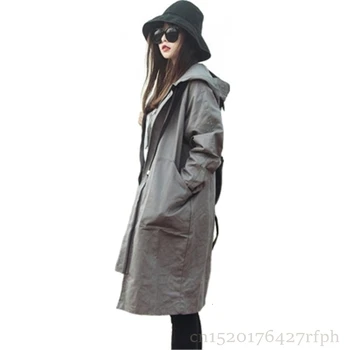 

2019 New Spring Autumn Women's Hooded Trench Coat Casual Plus Size Loose Winter BF Harajuku Coat Girls Black Gray Overcoat Z201