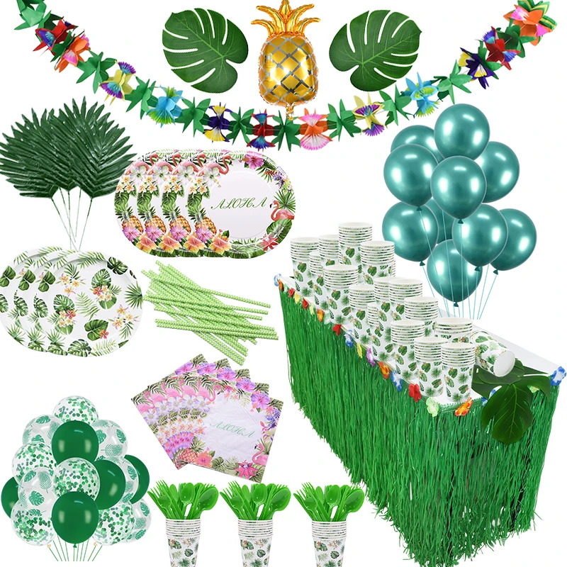 Hawaiian Party Decor Flamingo Theme Tableware Set Pineapple Palm LeavesBalloons Bunting For Birthday Wedding Party Deco Supplies