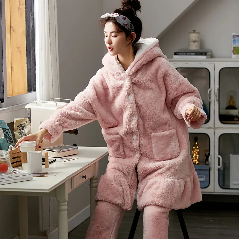 

Autumn Winter Women Warm Pajama Sets Sweet Flannel Pink Hooded Pyjamas Female Home Wear Clothes Suits Sleepwear Pijama Mujer