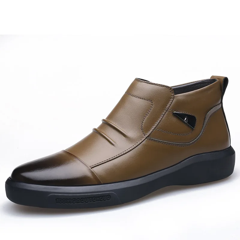 Fall Winter Genuine Leather Boots Men Dress Shoes Zip Short Plush Ankle Boots Mens Warm Fur Shoes High Top Work Boots