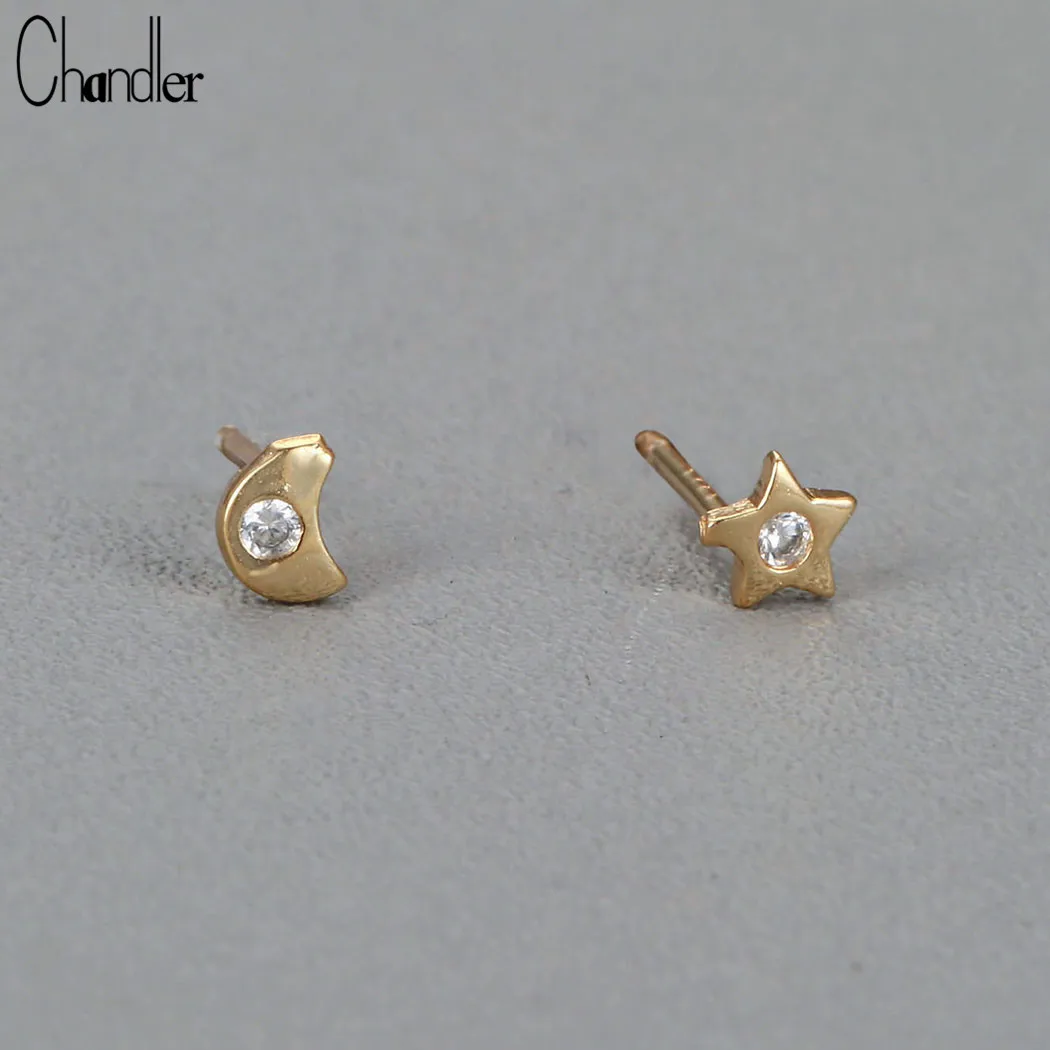 Chandler Star Moon Earring Small Tiny helix Stud Earrings For Girls Kid Rhinestone Gold Color Fashion Summer Beach Jewelry