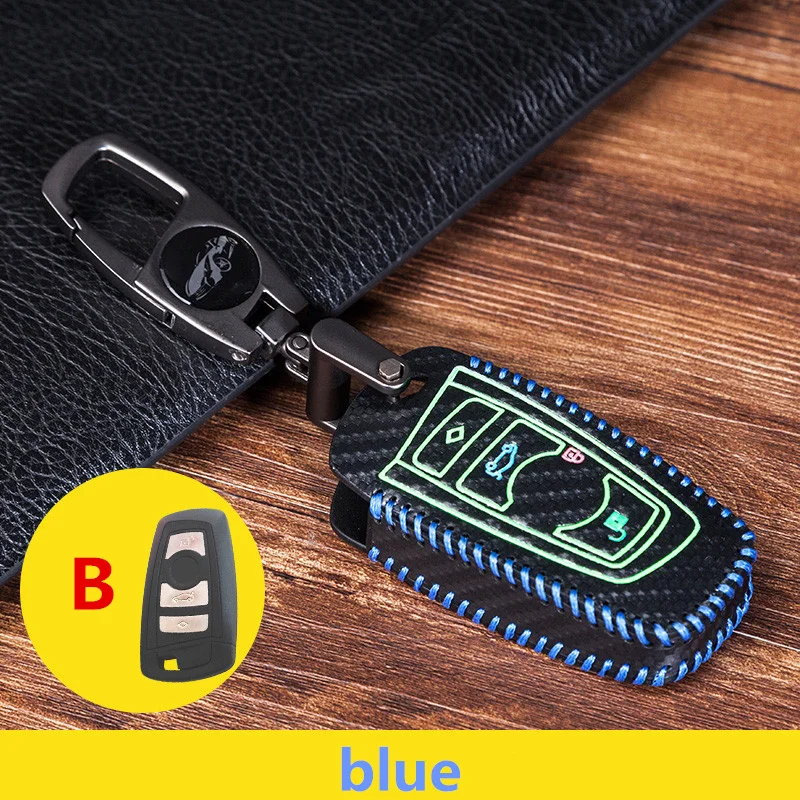 Световой кожаный чехол для автомобильных ключей, чехол пульт дистанционного управления для BMW 1 3 5 7 серия X1 X3 X4 X5 X6 M3 M5 z4 F20 F30 F10 E90 E60 E30 3 кнопки ключ крышка - Название цвета: B-blue