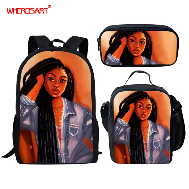 WHEREISART Kids Backpack Girls for School Black Art African Girls Design Bagpack Children 3pcs/set Schoolbag Bookbag Mochila - Цвет: YQ4568CGK