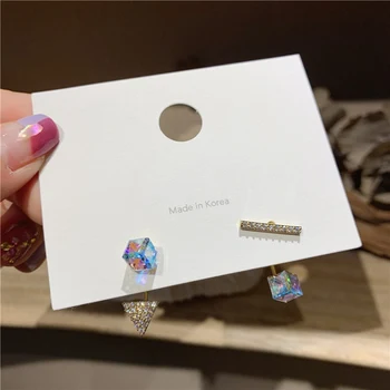 

MENGJIQIAO Korean Asymmetric Cute Traingle Delicate Zircon Drop Earrings For Women Micro Paved Square Pendientes Jewelry