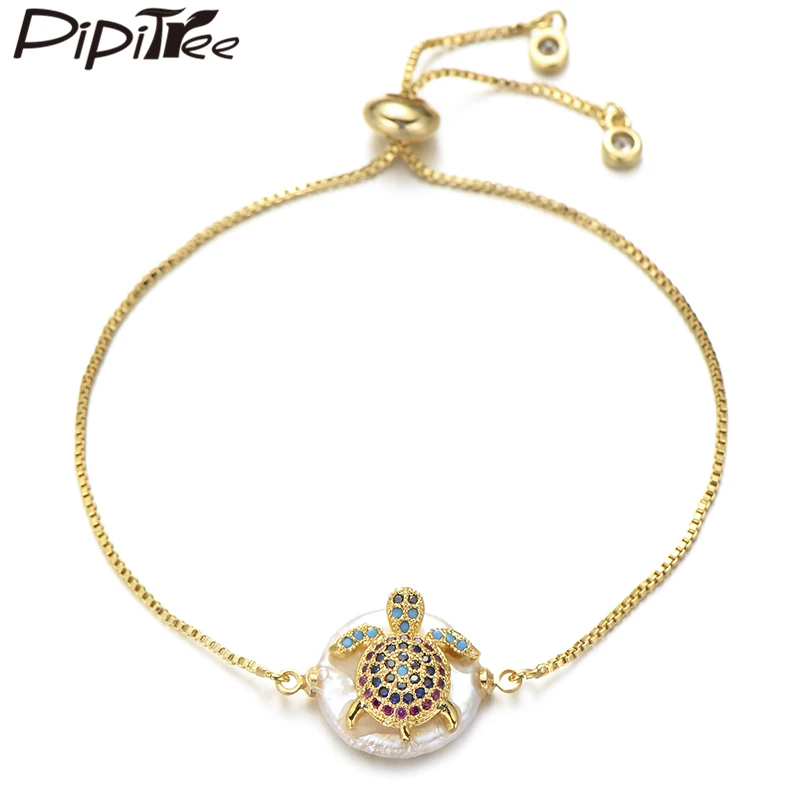 

Pipitree Trendy Round Natural Shell CZ Zircon Sea Turtle Chain Bracelet Evil Eye Crown Cat Tree Charm Bracelets Women Jewelry