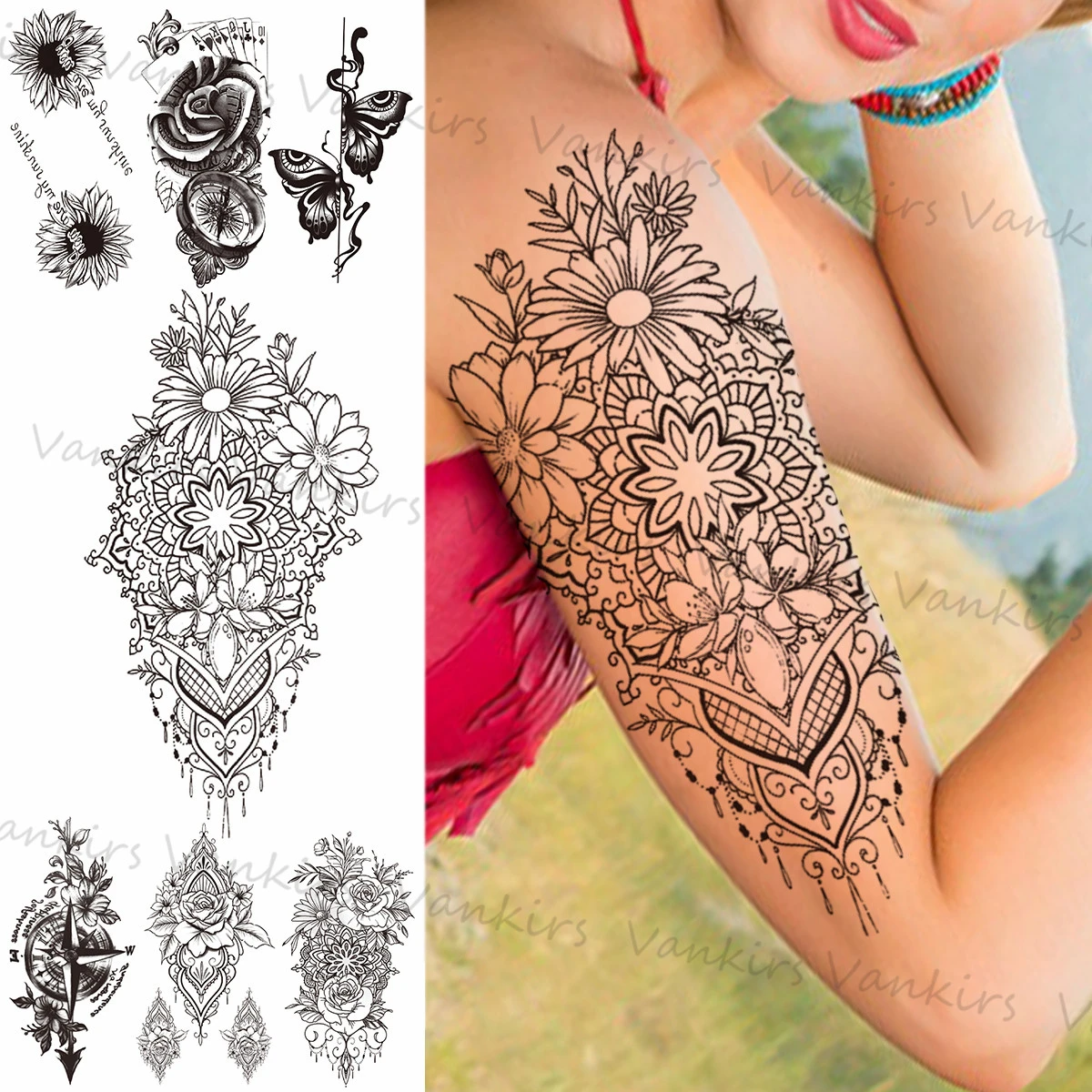 Sunflower Mandala Pendant Temporary Tattoos For Women Girls Daisy Butterfly Compass Fake Tattoo Sticker Arm Back Tatoos 3d Temporary Tattoos Aliexpress